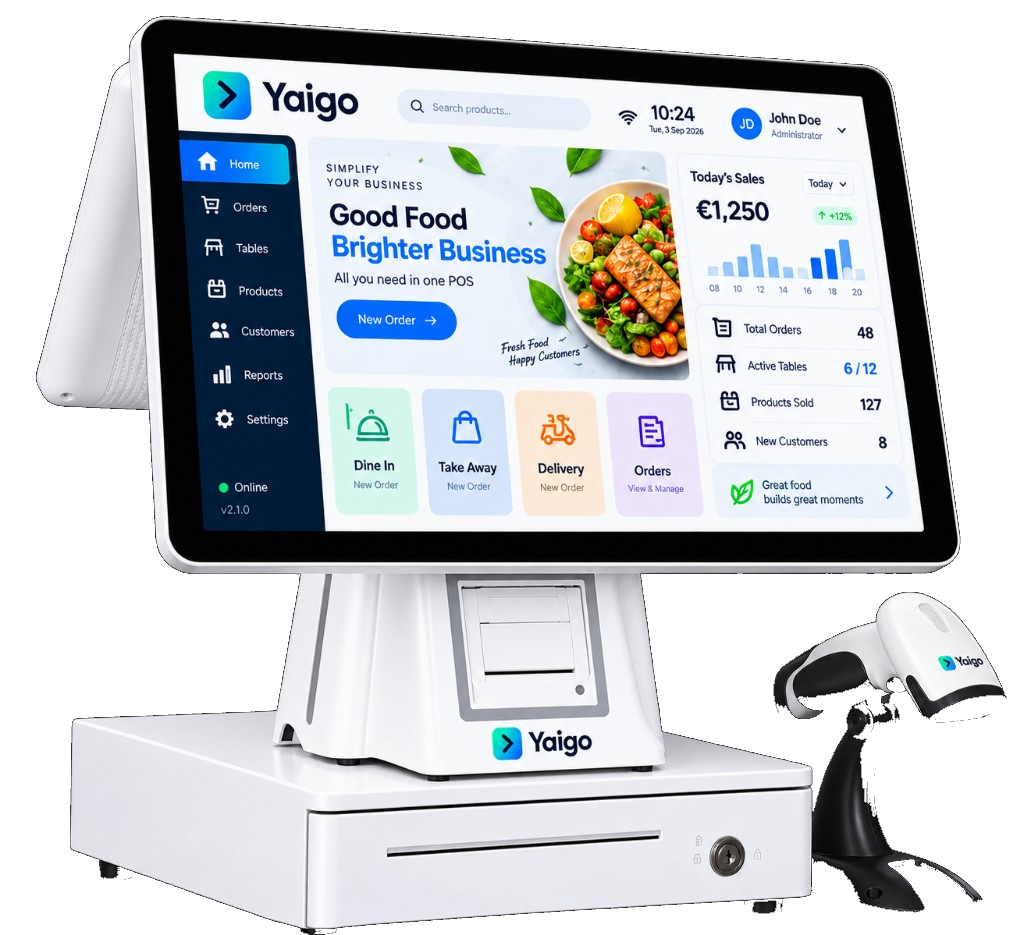 TPV Pro de Yaigo con doble pantalla, impresora y cajón